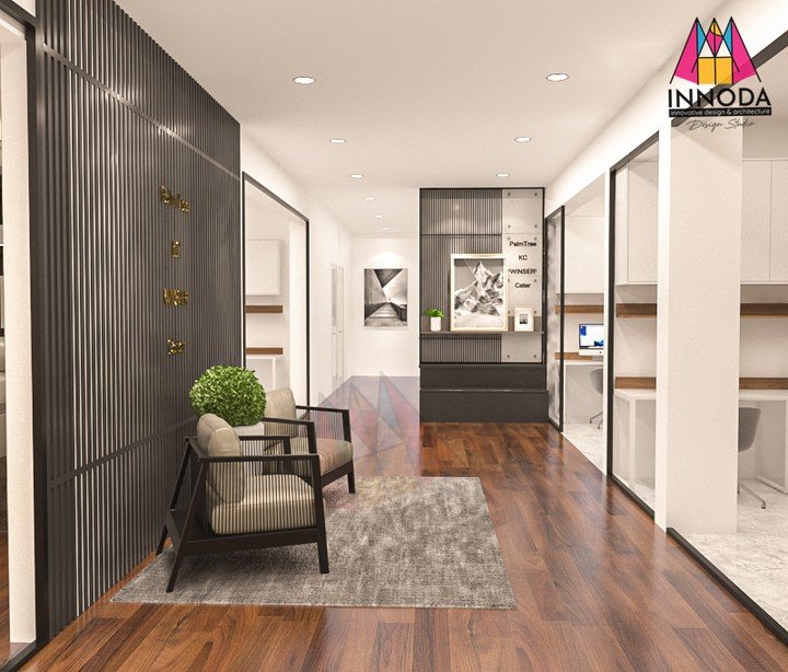 Minimalist boutique lounge corridor with frameless glass partitions